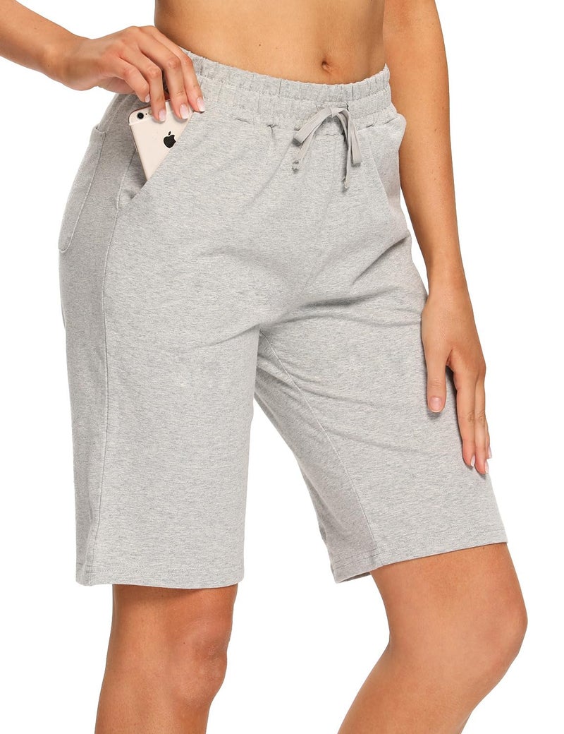 EZRUN Womens Bermuda Shorts Summer Sweat Shorts with Deep Pockets 10" Cotton Shorts for Women Gym Workout Grey - Image 2